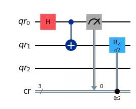 Circuit preparing a Bell state and applying an R_Z rotation depending on the measurement outcome.